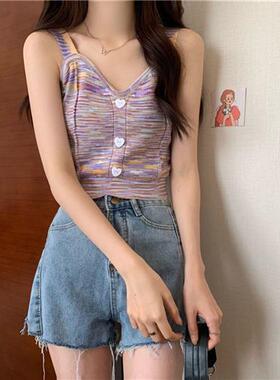 紫色爱心纽扣吊带女夏季时尚背心小个子显身材无袖上衣风