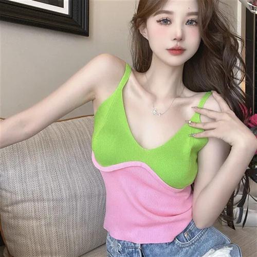 辣妹撞色针织吊带小背心女夏季新款内搭外穿性感短款港味别致上衣