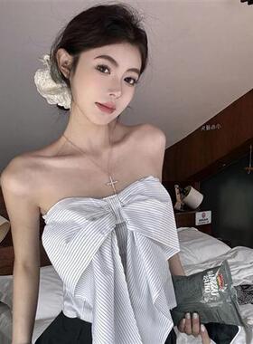 时尚白色条纹抹胸背心女夏季修身辣妹无袖裹胸短款气质上衣外穿