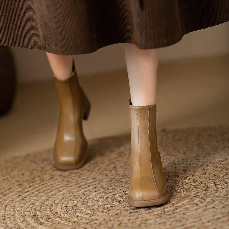FALL-WINTER 2024 LEATHER SQUARE TOE CHELSEA BOOTS WOMENS BLOCK HEEL MARTIN BOOTS WOMENS BRITISH-STYLE SHORT HEELED HIGH HEELED BOOTS