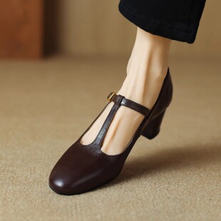 超软羊皮粗跟高跟鞋女法式复古丁字扣玛丽珍鞋子春秋新款中跟单鞋