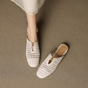 小众法式编织镂空穆勒鞋女夏日休闲方头低跟半拖凉鞋外穿懒人鞋女