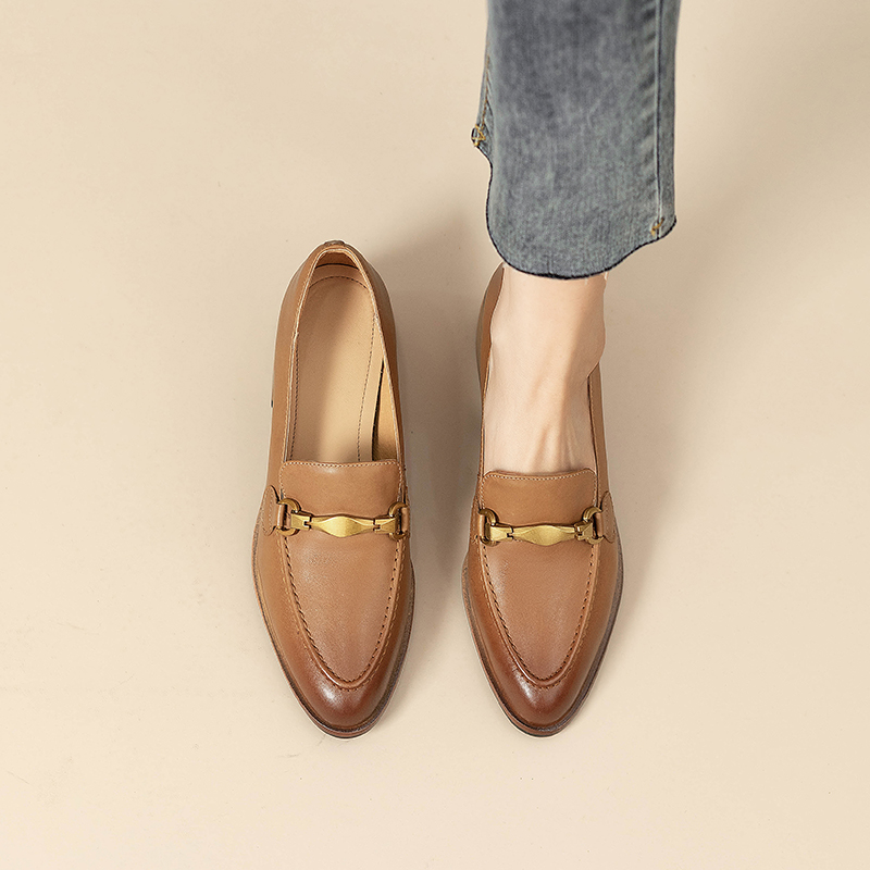 复古风乐福鞋女法式金属扣粗跟