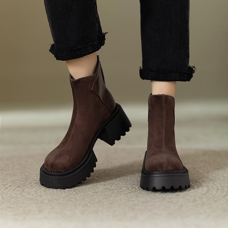 2025秋冬新款厚底马丁靴女英伦风真皮复古中跟短靴棕色绒面瘦瘦靴,女鞋,马丁靴,淘宝优惠券,粉丝福利购,淘宝优惠卷