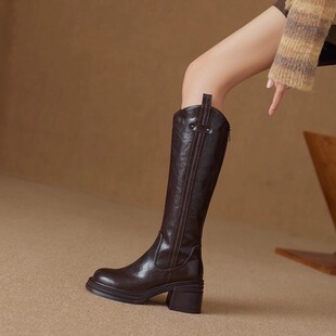 7cm 真皮长靴女粗跟瘦瘦靴高筒厚底小个子骑士靴 美拉德复古秋新款