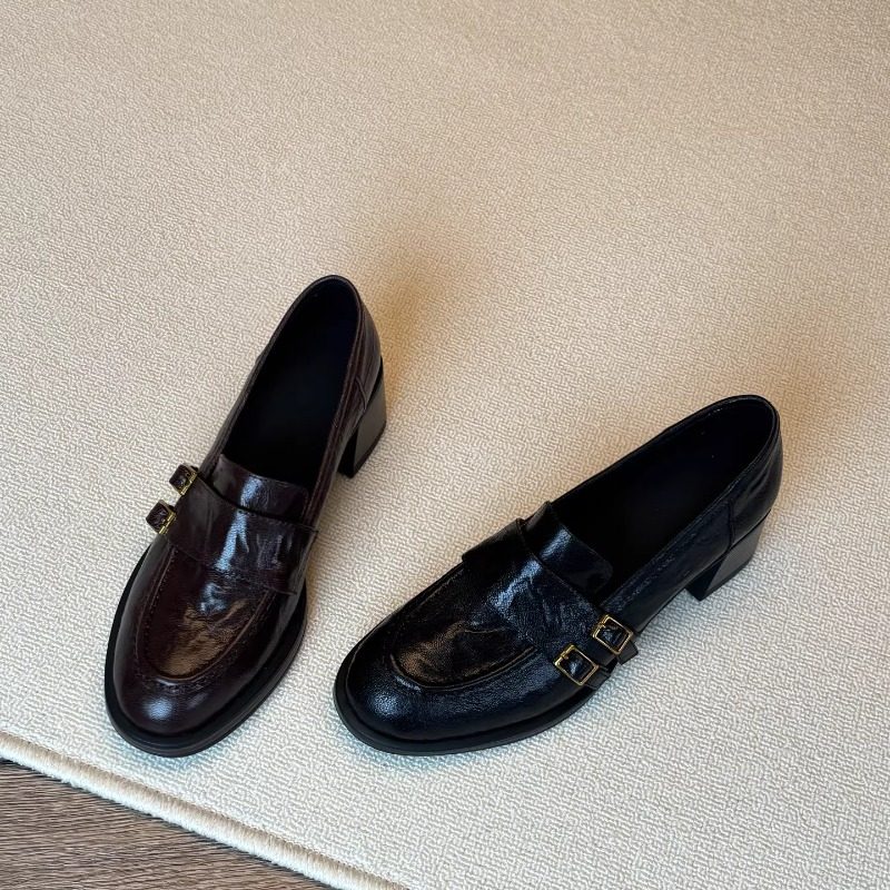 英伦风真皮乐福鞋女粗跟皮带扣一脚蹬豆豆鞋黑色圆头通勤小皮鞋女,女鞋,乐福鞋（豆豆鞋）,淘宝优惠券,粉丝福利购,淘宝优惠卷