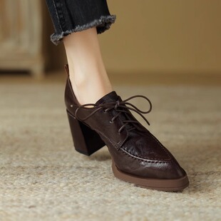 巨显腿长~小个子厚底粗跟尖头英伦单鞋女深口系带棕色复古小皮鞋