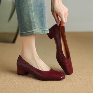 羊皮超软不累脚婚鞋酒红色真皮中跟气质法式单鞋方头复古玛丽珍鞋