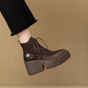 小个子防水台真皮系带松糕底短靴女春秋单靴厚底粗跟高跟鞋马丁靴