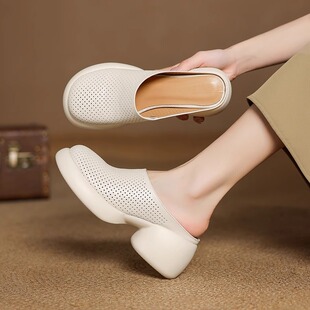 小个子真皮镂空圆头包头凉拖鞋 休闲罗马半拖 女厚底松糕高跟洞洞鞋