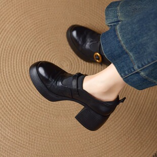 简约玛丽珍女 时尚 英伦风真皮乐福鞋 女中跟粗跟圆头厚底复古小皮鞋