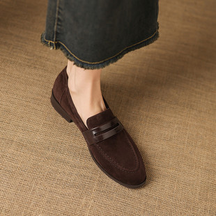 法式磨砂皮乐福鞋女春秋粗跟一脚蹬小皮鞋软底圆头百搭通勤单鞋女