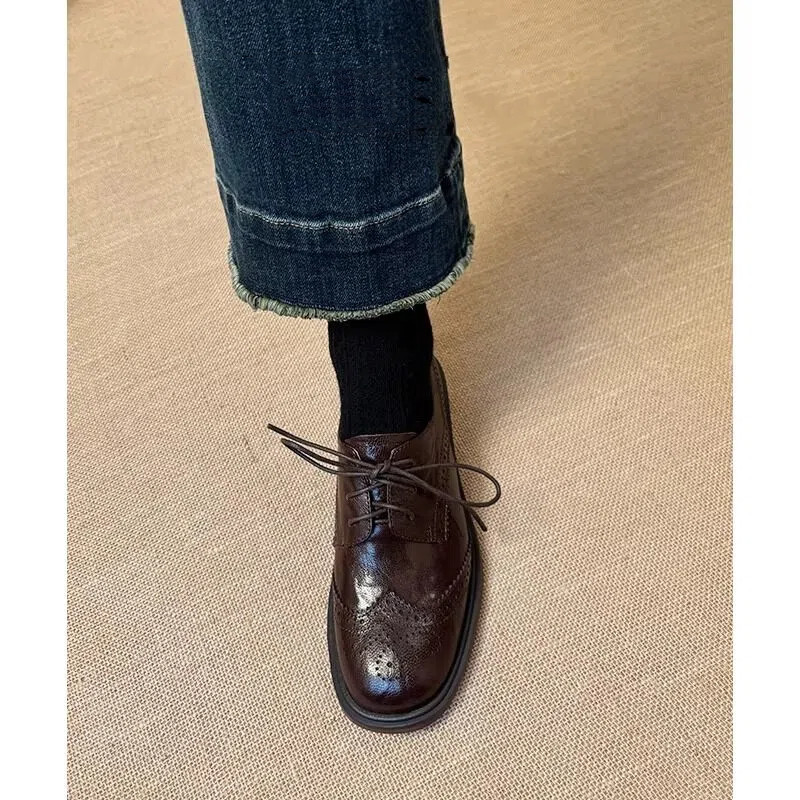 超软小羊皮复古乐福鞋女春秋布洛克雕花系带小皮鞋女方头单鞋平底,女鞋,乐福鞋（豆豆鞋）,淘宝优惠券,粉丝福利购,淘宝优惠卷