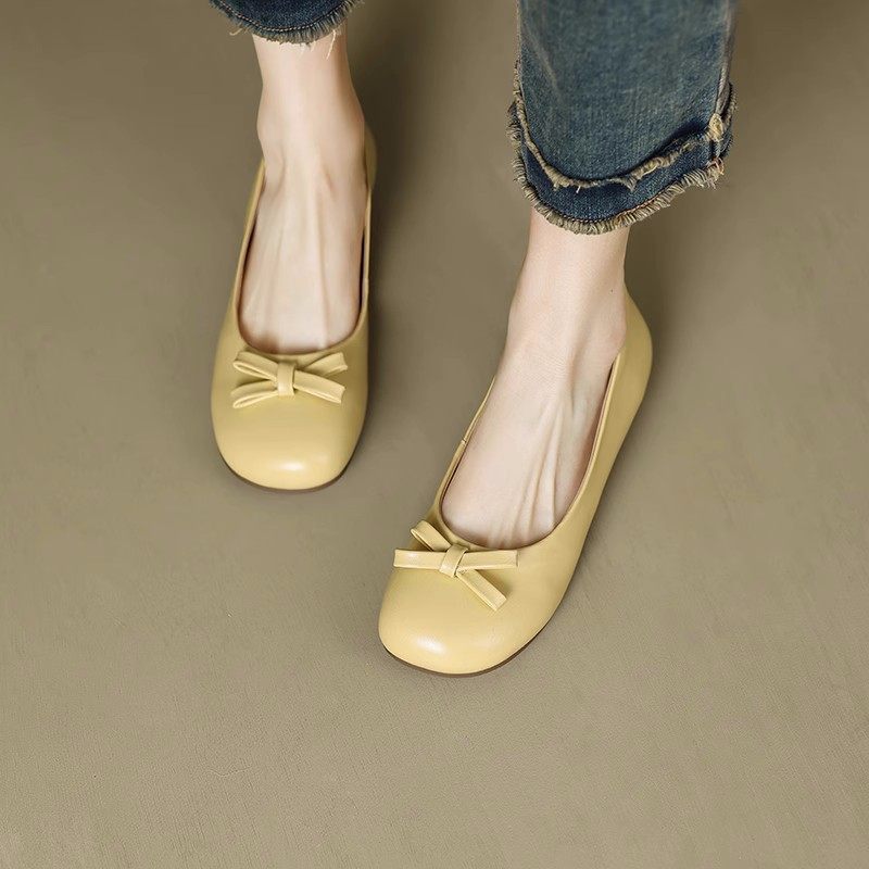 真皮圆头蝴蝶结浅口单鞋女通勤舒适低跟女鞋春夏季新款时尚奶奶鞋
