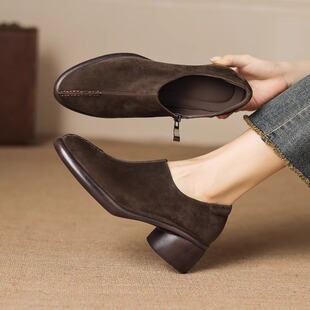 百搭通勤复古舒适女侧拉链豆豆鞋 英伦风绒面乐福鞋 女粗跟深口单鞋