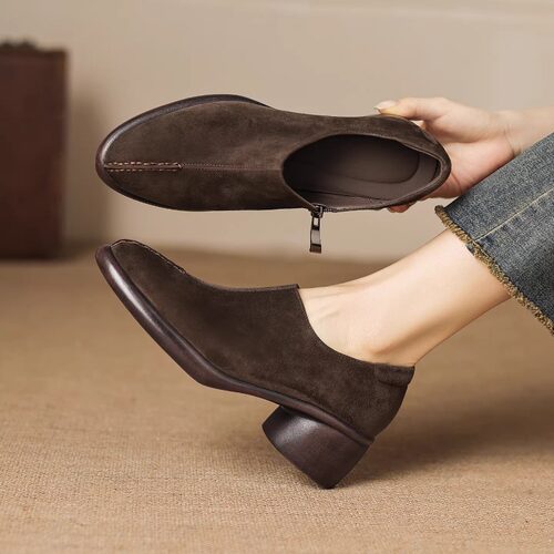 英伦绒面女粗跟深口乐福鞋