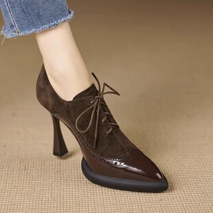 2025秋冬真皮尖头细跟英伦风复古小个子优雅气质皮鞋深口高跟鞋女