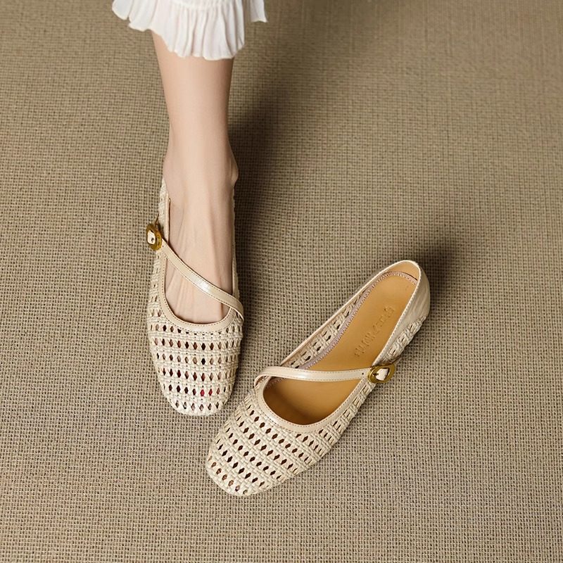 法式复古真皮夏季单鞋女粗跟玛丽珍鞋编织镂空软底洞洞鞋透气女鞋