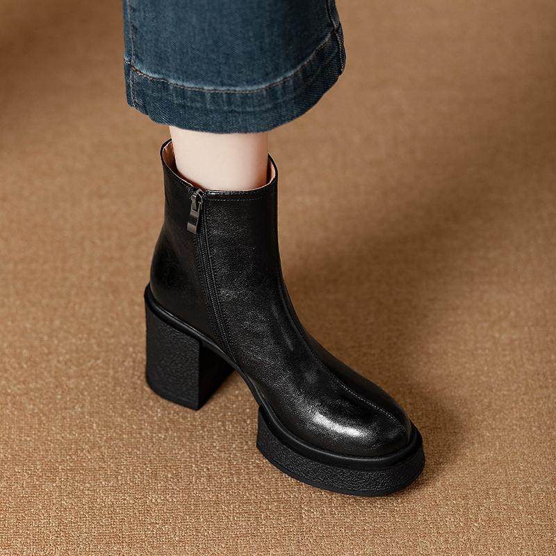 9cm超高跟厚底防水台真皮马丁靴女2024秋冬圆头粗跟短靴软皮软底