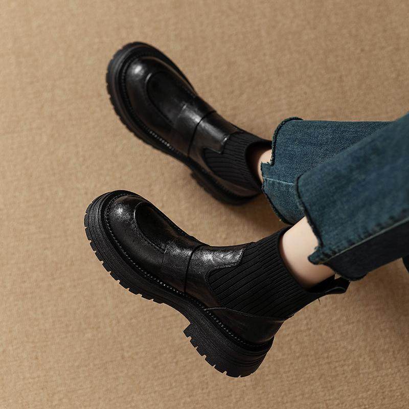 真皮圆头小个子针织切尔西短靴女2025秋英伦踝靴厚底复古马丁靴,女鞋,弹力靴/袜靴,淘宝优惠券,粉丝福利购,淘宝优惠卷