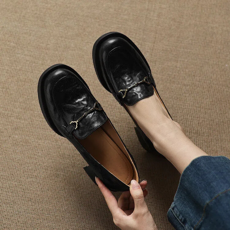 英伦复古风真皮乐福鞋女圆头粗跟一脚蹬小皮鞋百搭日常通勤单鞋女,女鞋,乐福鞋（豆豆鞋）,淘宝优惠券,粉丝福利购,淘宝优惠卷