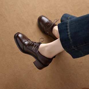 乐福鞋 粗跟深口单鞋 不累脚 女英伦布洛克鞋 复古真皮棕色系带小皮鞋