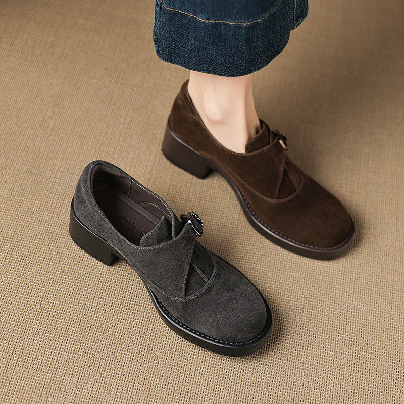 4.5cm绒面新款单鞋女粗跟英伦小皮鞋复古高跟圆头一脚蹬乐福鞋女