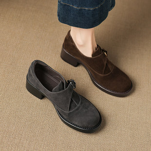 4.5cm绒面新款单鞋女粗跟英伦小皮鞋复古高跟圆头一脚蹬乐福鞋女