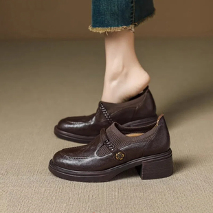 羊皮版】5cm复古针织深口山茶花单鞋女粗跟一脚蹬中跟英伦乐福鞋