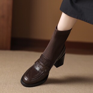 2025秋冬新款英伦风弹力袜靴真皮短靴小个子粗跟瘦瘦靴法式小皮鞋