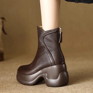 9cm 女加绒坡跟防水台小个子羊皮休闲厚底圆头松糕底短靴 秋高跟鞋