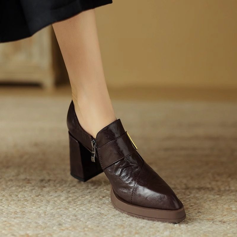 增高显瘦粗跟厚底小皮鞋女粗跟尖头深口小个子英伦风复古高跟单鞋,女鞋,深口单鞋,淘宝优惠券,粉丝福利购,淘宝优惠卷