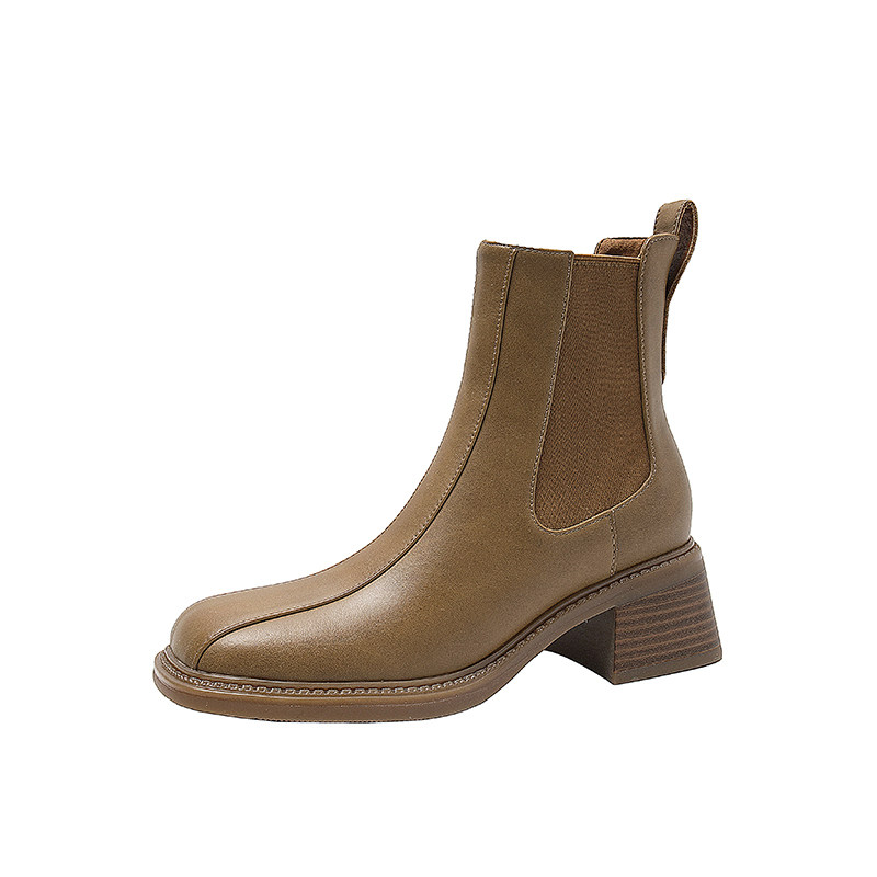 FALL-WINTER 2024 LEATHER SQUARE TOE CHELSEA BOOTS WOMENS BLOCK HEEL MARTIN BOOTS WOMENS BRITISH-STYLE SHORT HEELED HIGH HEELED BOOTS