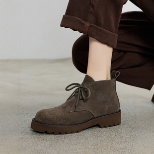 复古圆头磨砂真皮英伦风马丁靴女2025新款简约厚底套筒系带烟筒靴