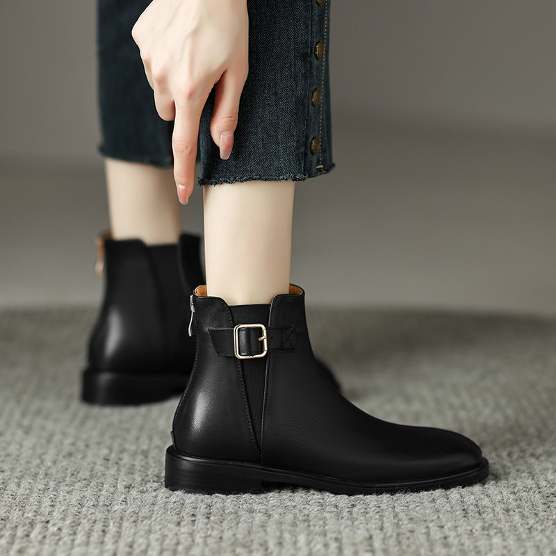 真皮松紧皮带扣圆头英伦风切尔西靴女2025秋冬季复古低跟粗跟短靴,女鞋,马丁靴,淘宝优惠券,粉丝福利购,淘宝优惠卷