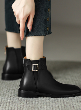 真皮松紧皮带扣圆头英伦风切尔西靴女2025秋冬季复古低跟粗跟短靴
