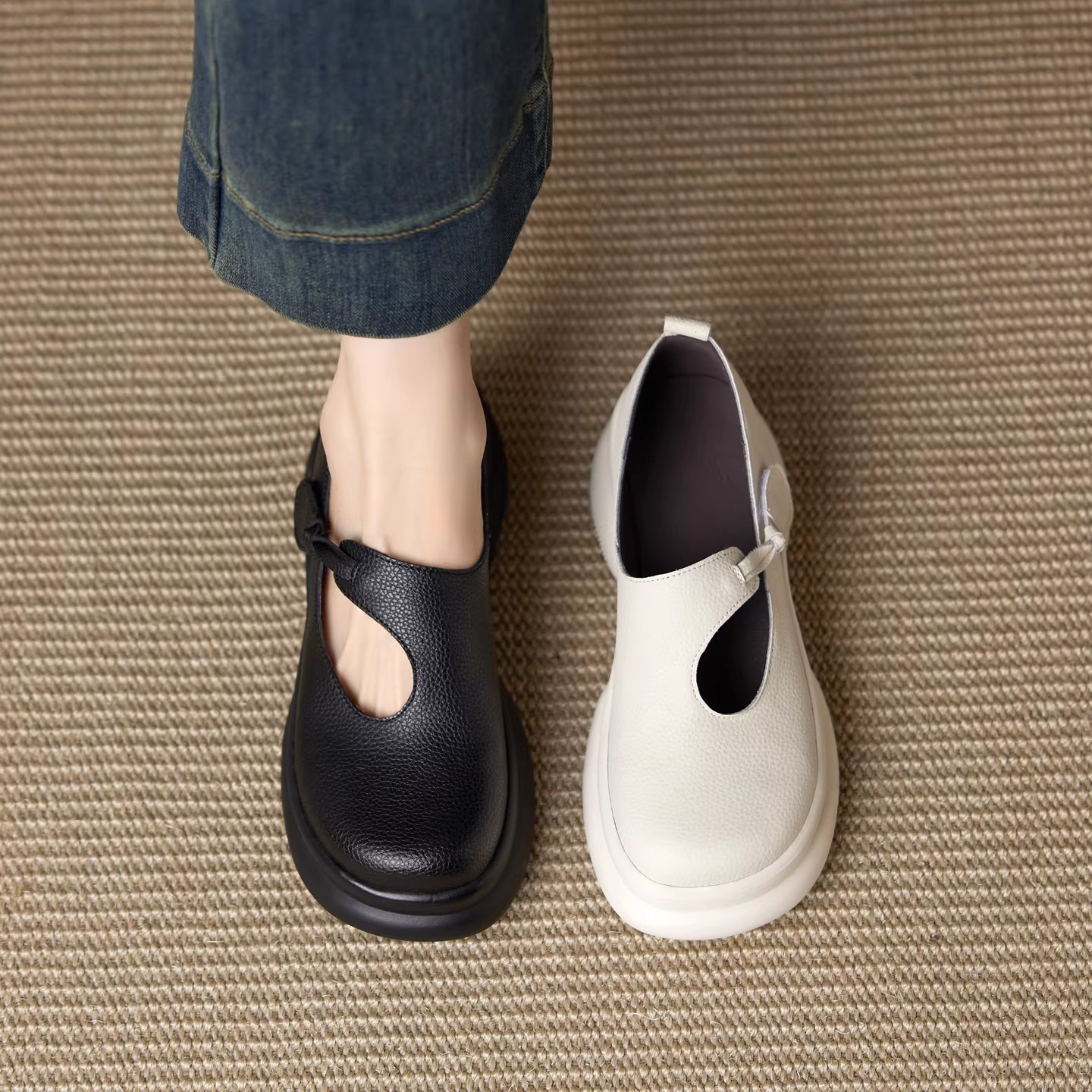 6cm轻软系~2026春秋新款真皮单鞋女小个子厚底休闲皮鞋百搭乐福鞋