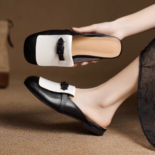 圆头低跟通勤英伦凉拖女 女外穿包头半拖鞋 2026新款 拼色搭扣穆勒鞋