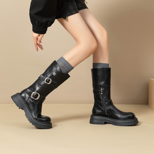 秋厚底粗跟马丁靴皮带扣英伦风靴