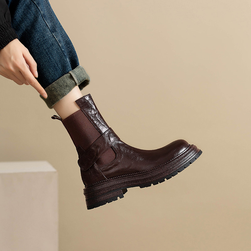 2025春秋新款厚底真皮短靴女单靴英伦复古切尔西靴子一脚蹬马丁靴,女鞋,切尔西靴,淘宝优惠券,粉丝福利购,淘宝优惠卷