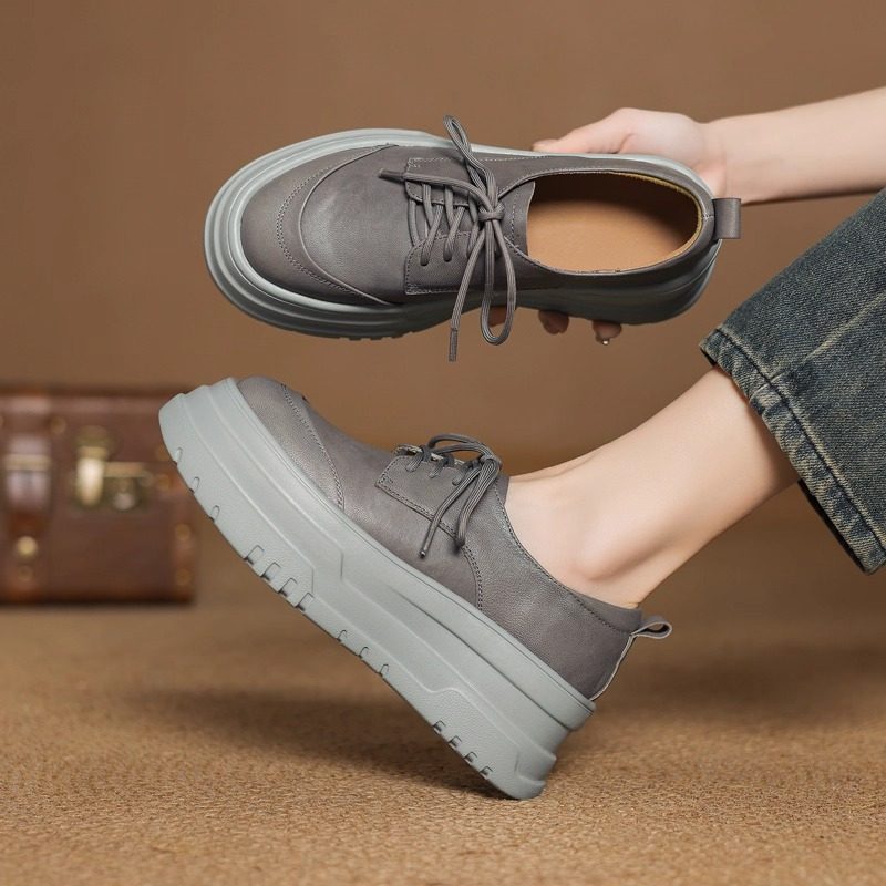 学院风厚底松糕小皮鞋女真皮2025新款春秋系带高跟坡跟休闲单鞋,女鞋,深口单鞋,淘宝优惠券,粉丝福利购,淘宝优惠卷