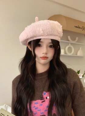 韩系小香风花朵显脸小贝雷帽女
