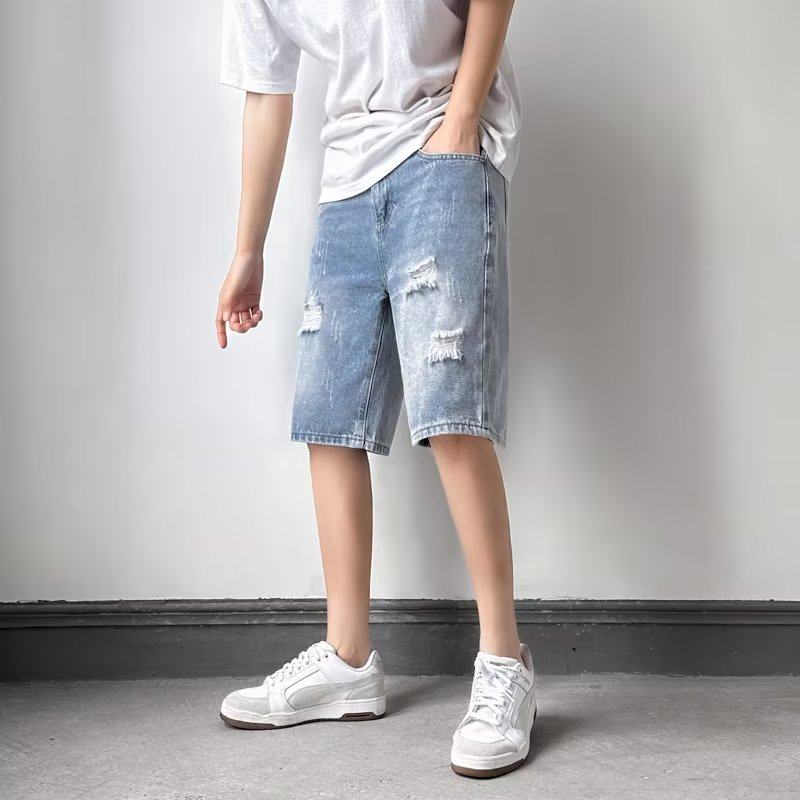 夏季薄款破洞牛仔短裤男士潮牌宽松直筒中裤子夏天浅色休闲五分裤,男装,牛仔裤,淘宝优惠券,粉丝福利购,淘宝优惠卷