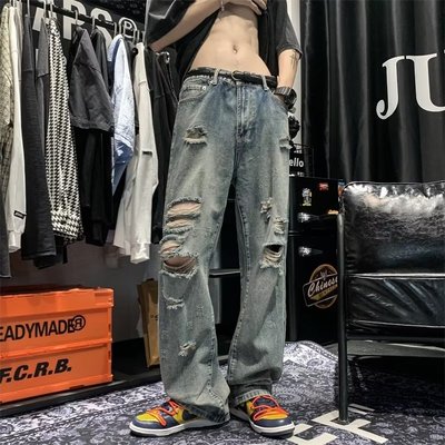 破洞裤男夏季薄款牛仔裤美式高街裤子ins潮牌复古休闲个性乞丐裤
