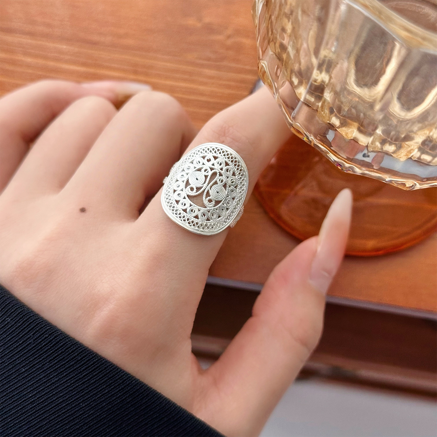 925纯银镂空蕾丝花蝴蝶戒指