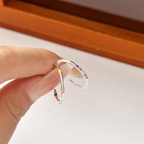 S925纯银彩虹锆石开口戒指