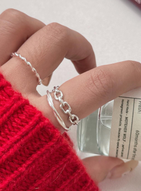 猪鼻子链条设计开口戒指女S925纯银指环时尚简约高级感麻花食指戒