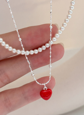 s925纯银爱心珍珠吊坠项链女款双层叠戴锁骨链轻奢小众高级感颈链