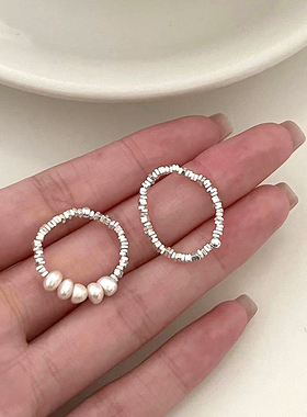 925通体纯银碎银子珍珠戒指女小众设计ins潮时尚个性高级感食指戒