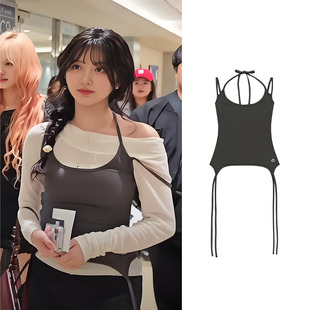 ive金秋天同款同款韩国吊带背心女辣妹挂脖飘带修身短款上衣
